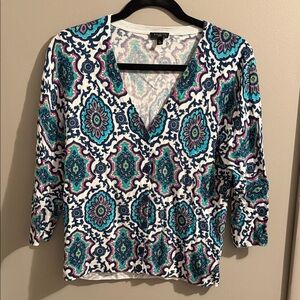Talbots Blue and Pink Patterned V-Neck top or cardigan with functional buttons
